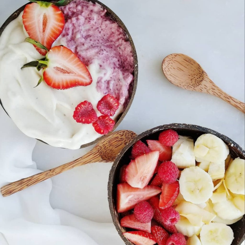 Vegan banana smoothie bowl with fruit