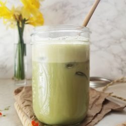 classic iced matcha latte in a mason jar