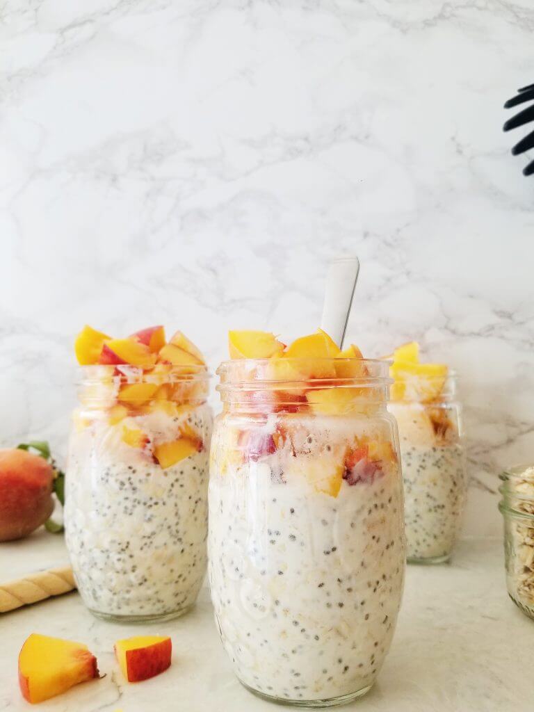 Nutty Peaches and Cream Overnight Oats in a Mason Jar