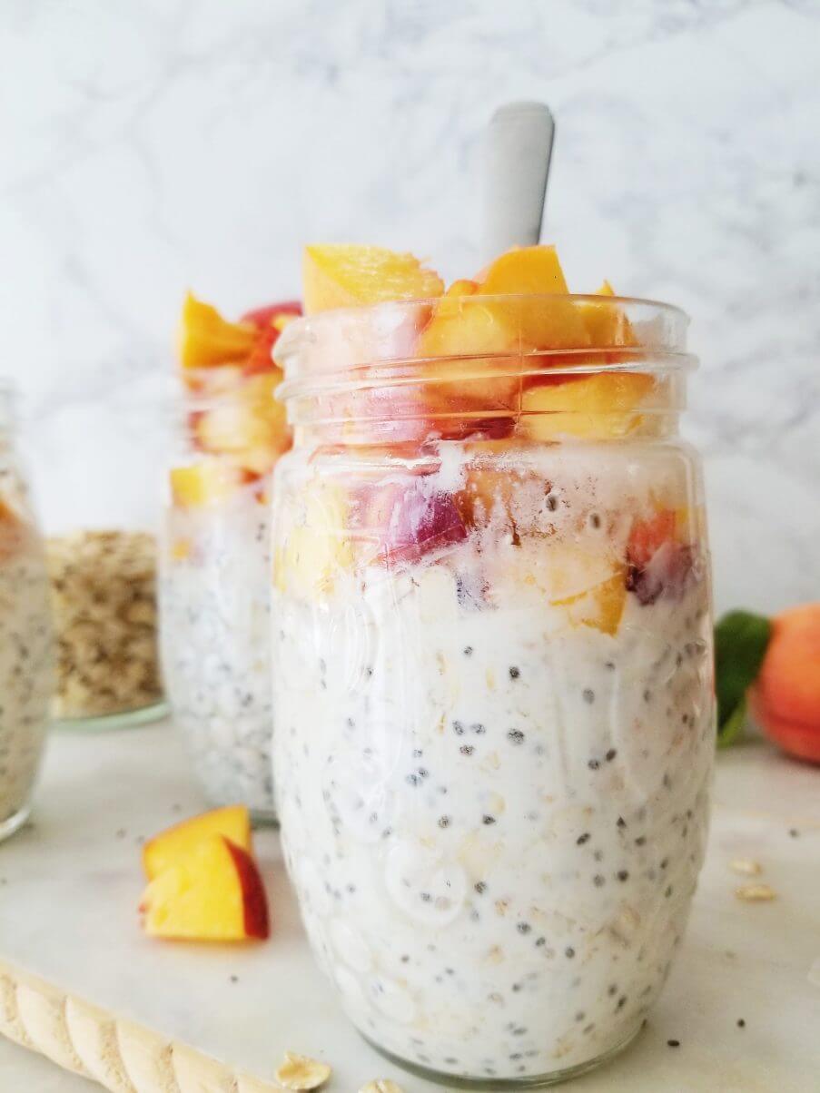 Nutty Peaches and Cream Overnight Oats in a Mason Jar