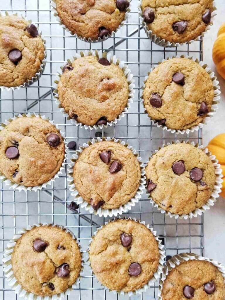 Healthy Pumpkin Chocolate Chip Muffins on a cooling rack