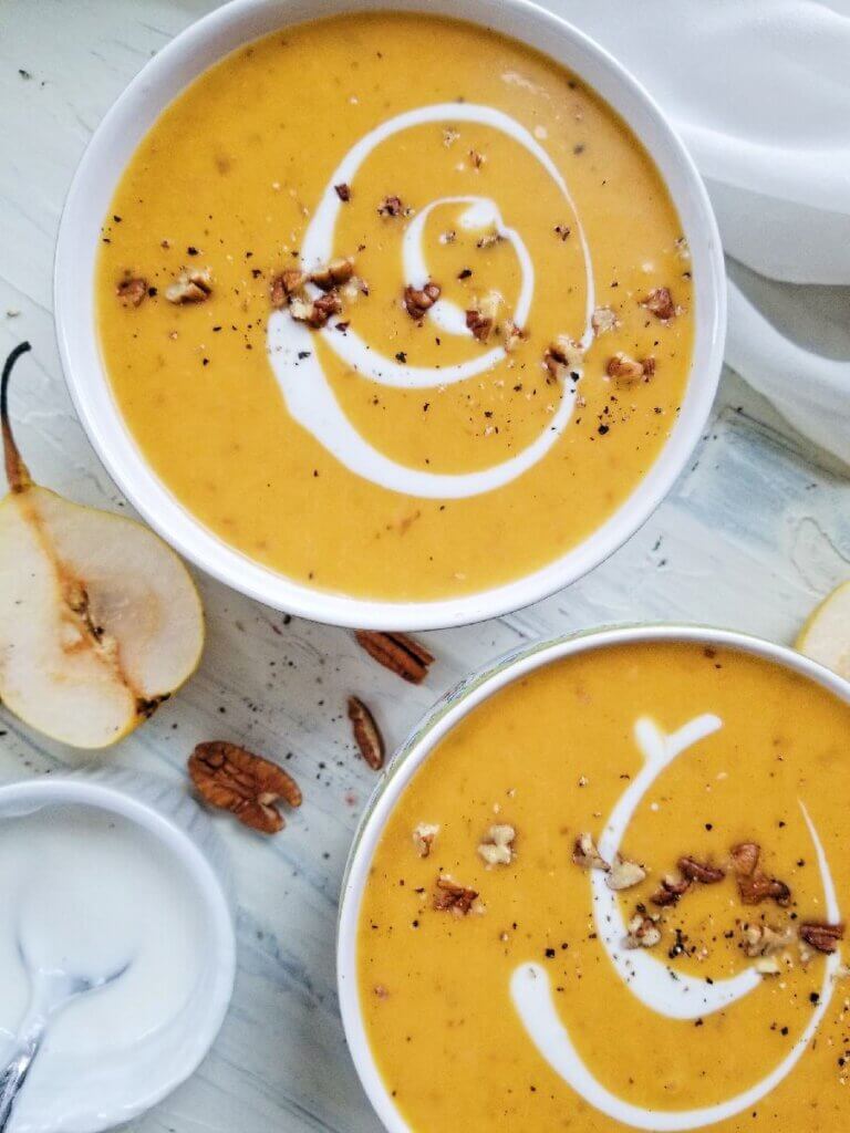 Roasted Butternut Squash Pear Soup with Bone broth and coconut milk
