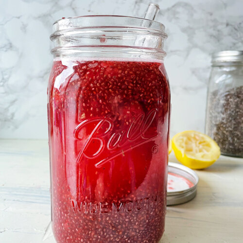 Raspberry Lemon Chia Water in a mason jar