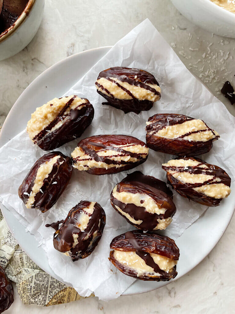 coconut cashew stuffed arabic dates dipped in dark chocolate