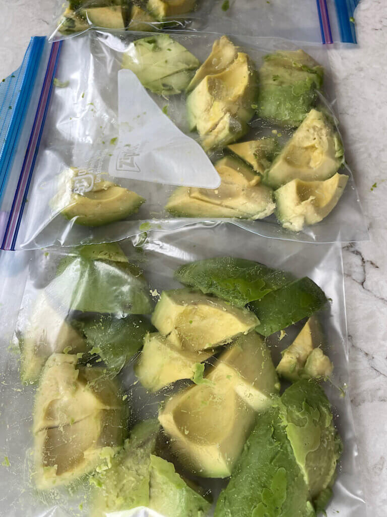 ripe avocado chunks in a zip lock bag