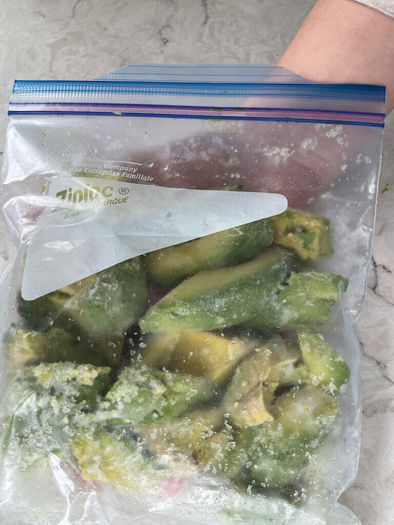 frozen avocado chunks in a zip lock bag