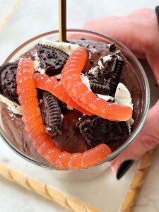 homemade gummy worms on dirt pudding