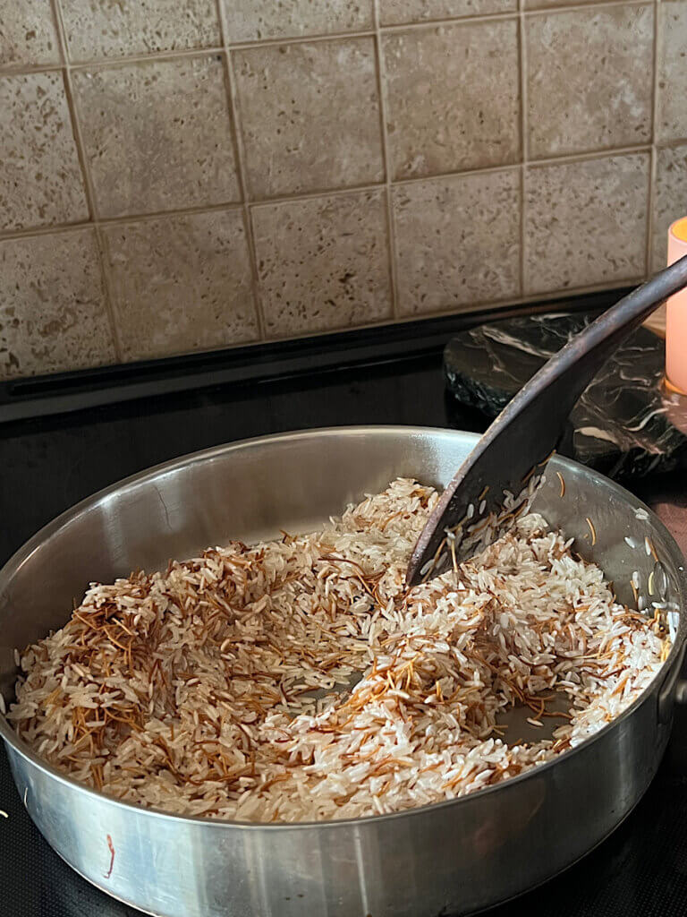 basmati rice tossed with the toasted vermicelli noodles for Lebanese rice
