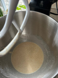 mixing active bubbly sourdough starter to milk and butter